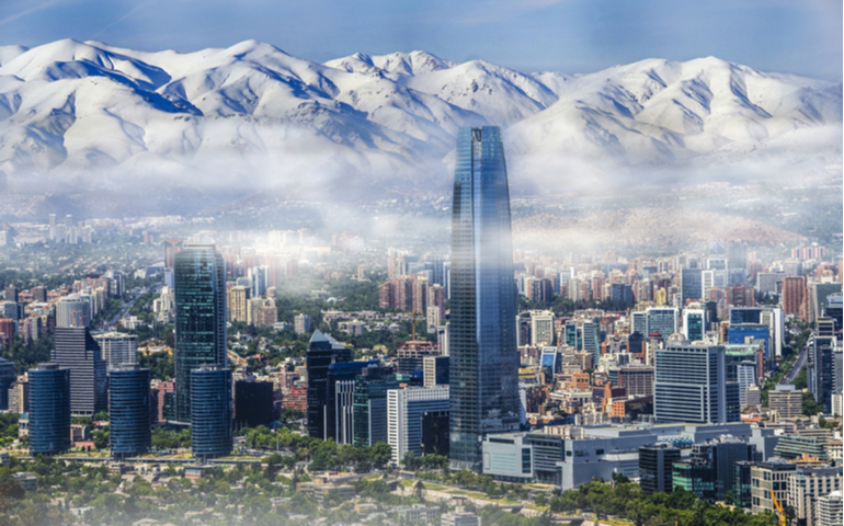 Aerial view of skyscrapers of Financial District of Santiago, capital of Chile