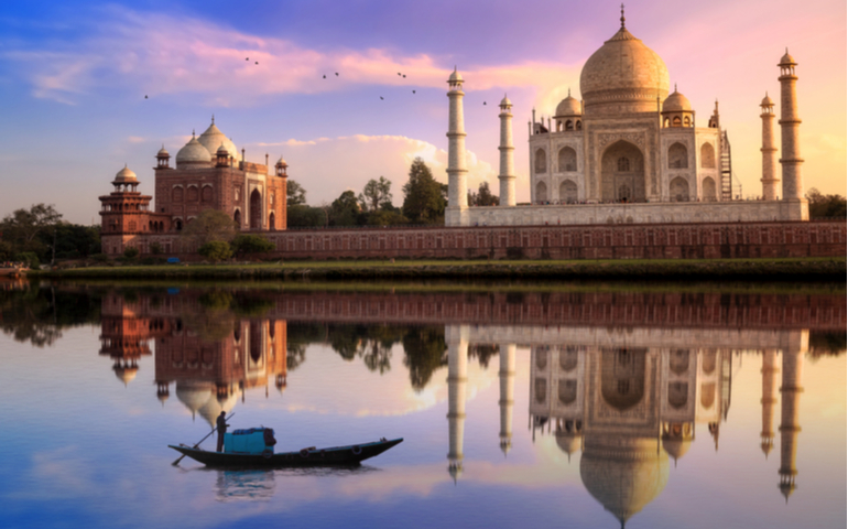 Taj Mahal Agra at sunset near River Yamuna