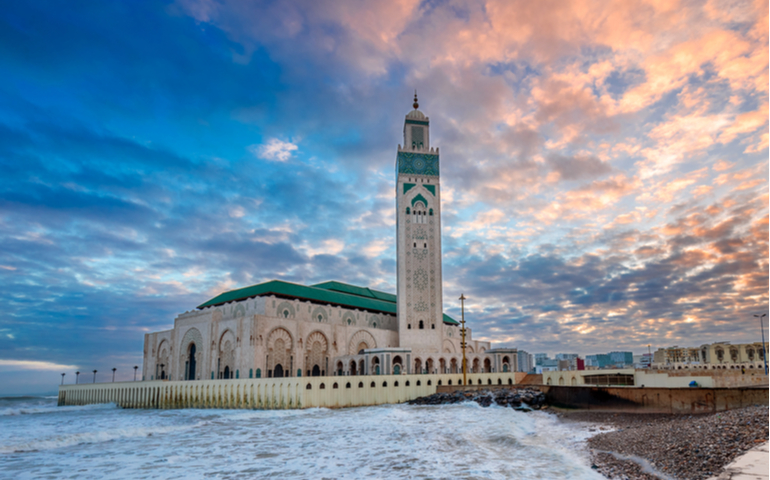 The Hassan II Mosque largest mosque in Morocco & second-largest mosque in the world, & one of few open to non-Muslims (through selected guided tour opportunities lasting around an hour each).