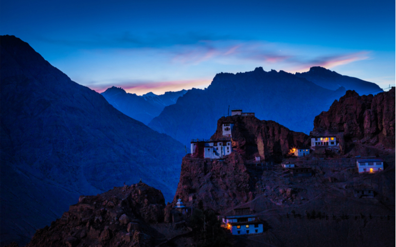 Dhankar gompa tibetan monastery in Himalayas in twilight. Spiti valley, Himachal Pradesh, India