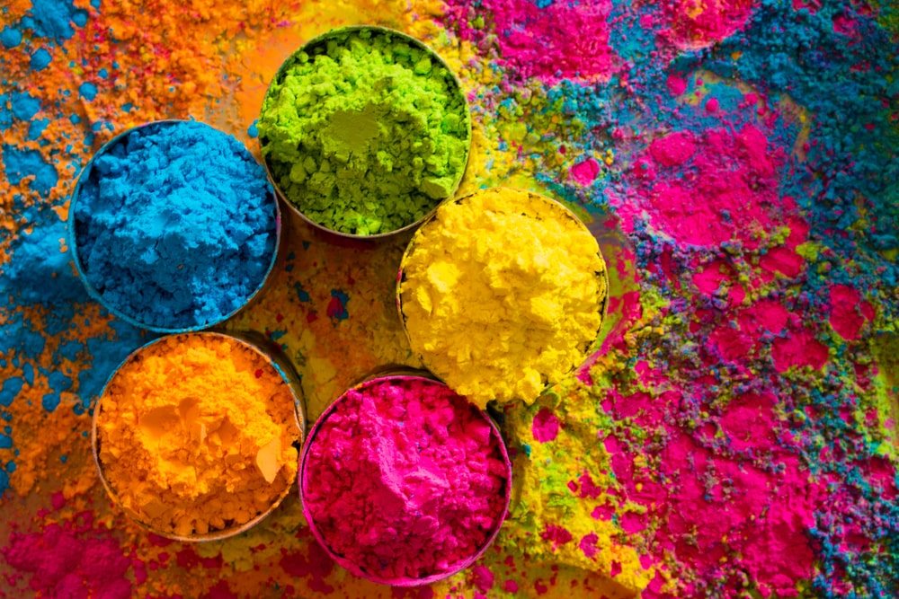 colour filled bowls during holi