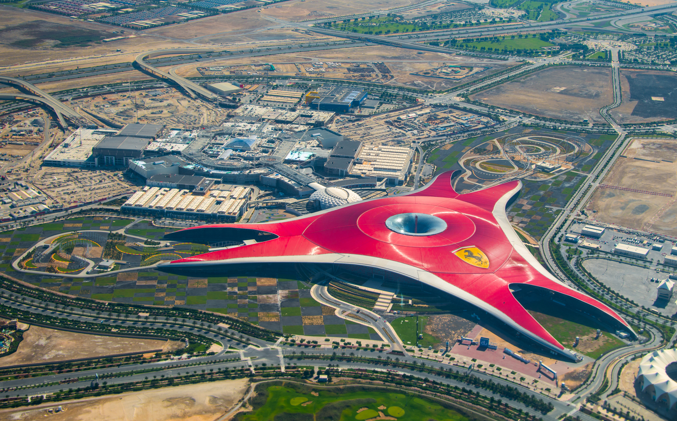 Aerial view of Ferrari World Park is the largest indoor amusement park in the world.
