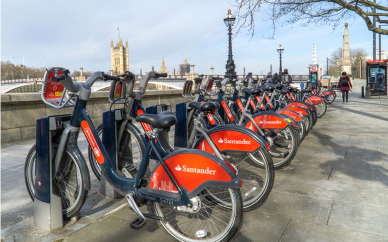 Santander London cycle rental scheme, River Thames, Albert Embankment, Lambeth