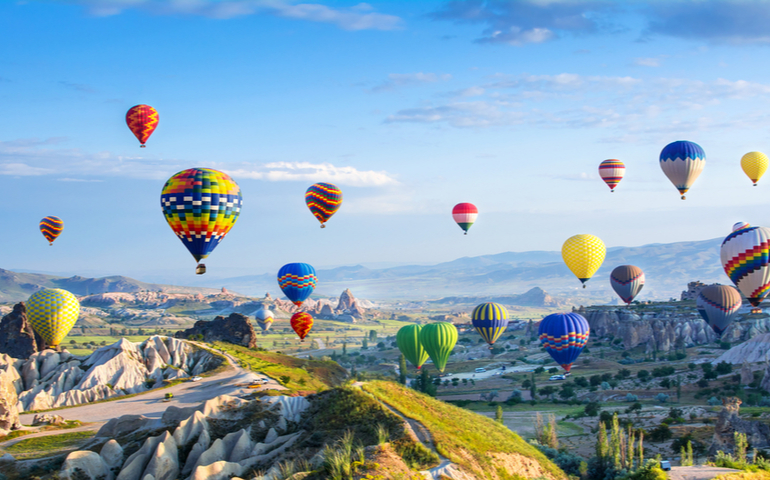  The great tourist attraction of Cappadocia - balloon flight. Cappadocia is known around the world as one of the best places to fly with hot air balloons. Goreme, Cappadocia, Turkey. 
