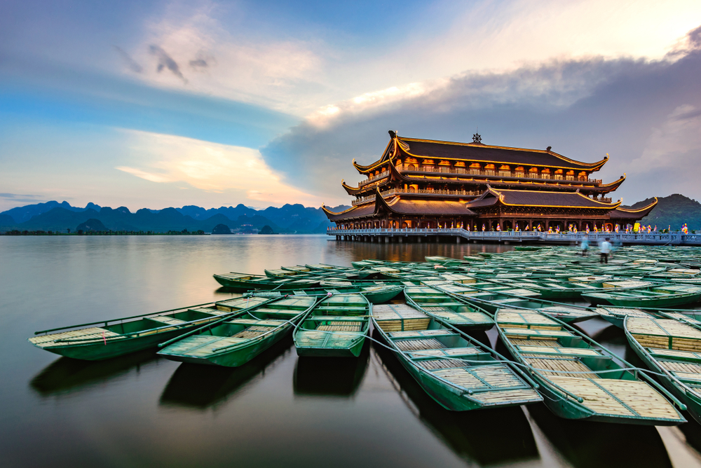 stunning view from the lake of the gorgeous temple in Vietnam