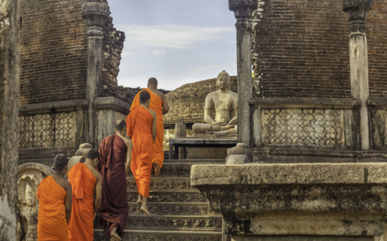 Buddhist Monks Walking in the Famous Vatadage Temple in Polonnaruwa