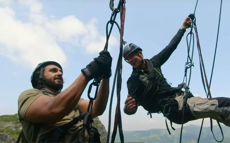 Ranveer Singh and Bear Grylls rope climbing