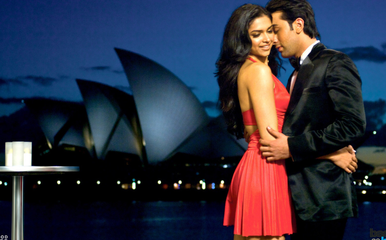 Ranbir Kapoor and Deepika Padukone in a still from Bachna Ae Haseeno against the Sydney Opera House
