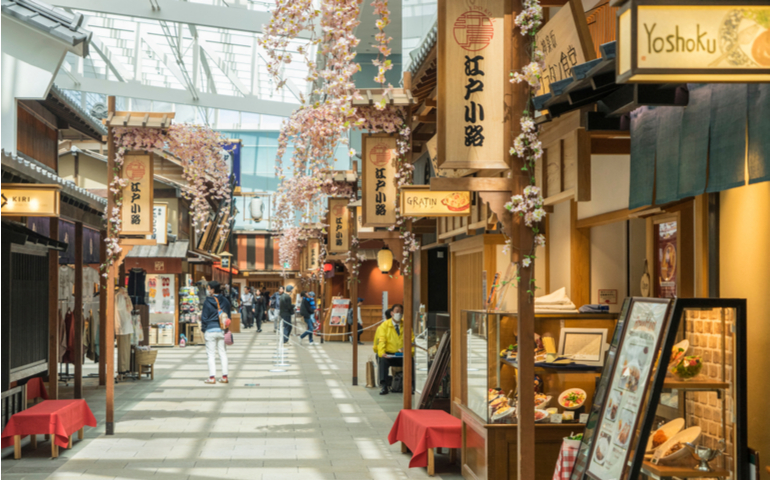 Shopping street of departure terminal at Haneda International airport in Tokyo, Japan.
