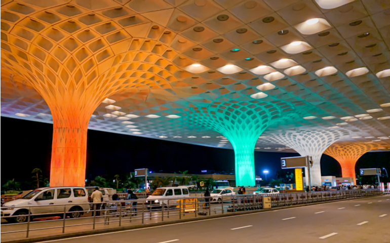 Beautiful view of Mumbai International Airport in the colours of Indian flag on the Independence day.