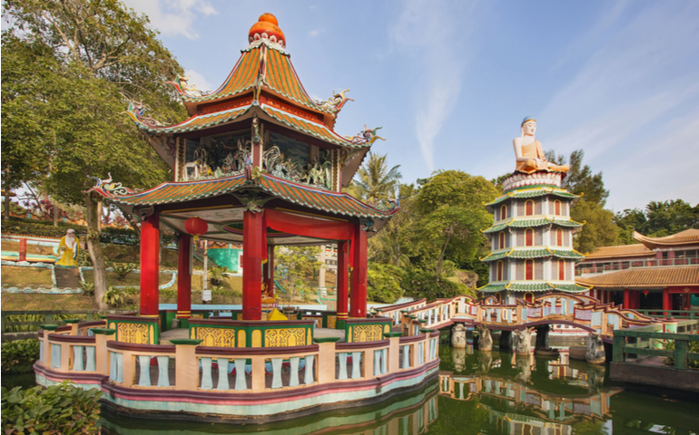 Chinese Pagoda and Pavilion by the Lake at Haw Par Villa Theme Park.