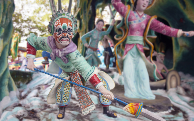 Ancient Chinese Warrior with Painted Face holding spear at Haw Par Villa 