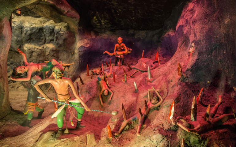 Diorama of the cruel torture in Chinese hell mythology at Haw Par Villa