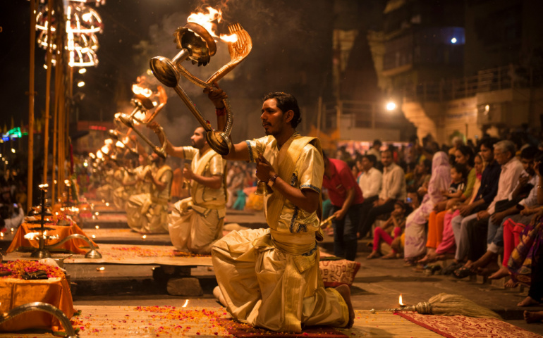 Priests performing Ganga Aarti in Varanasi