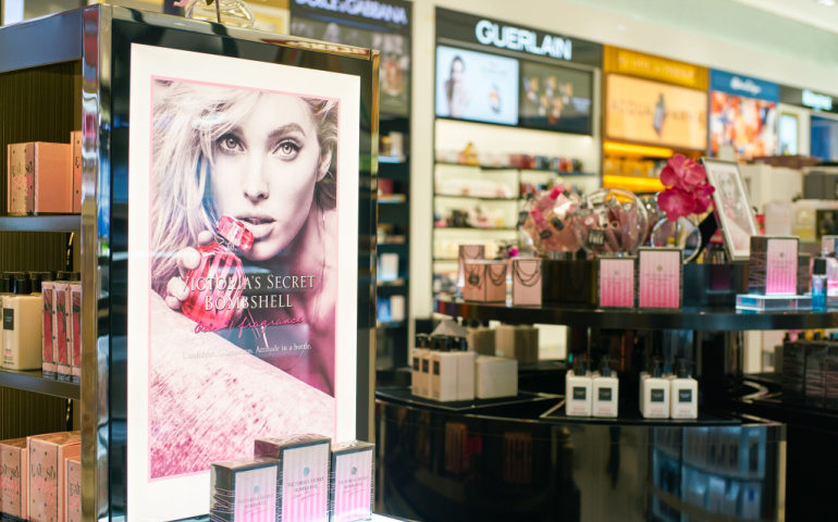 Perfumes on display in Duty Free at Dubai International Airport.