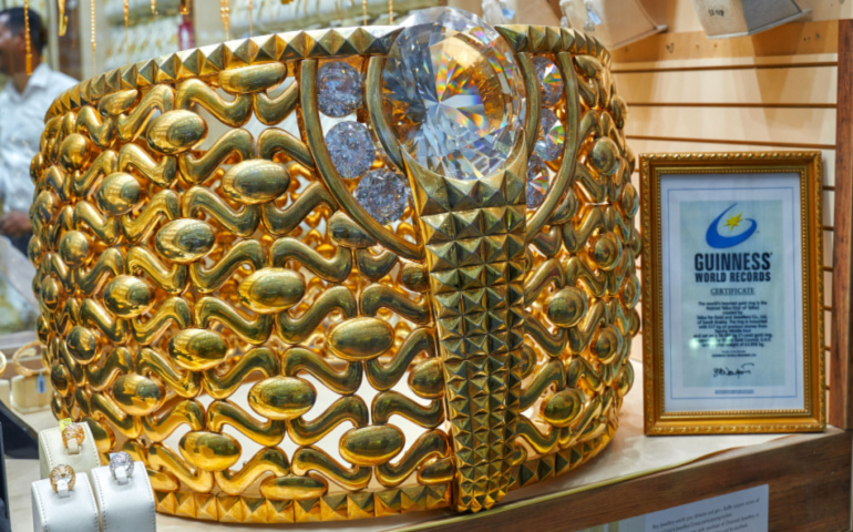 The world's largest gold ring on a storefront at the Dubai Gold Souq