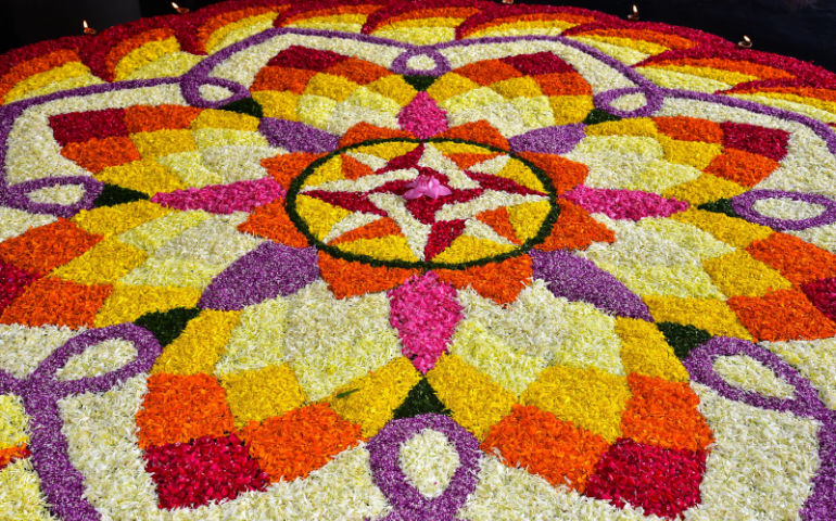 Overhead view of a Floral carpet (athappookkalam, rangoli), the hallmark of Onam