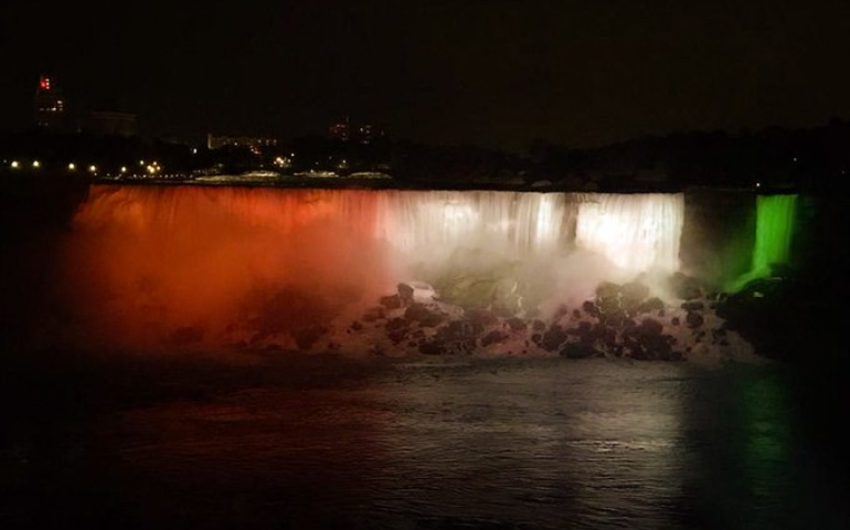 Niagara Falls illuminated in the colours of the Indian national flag 