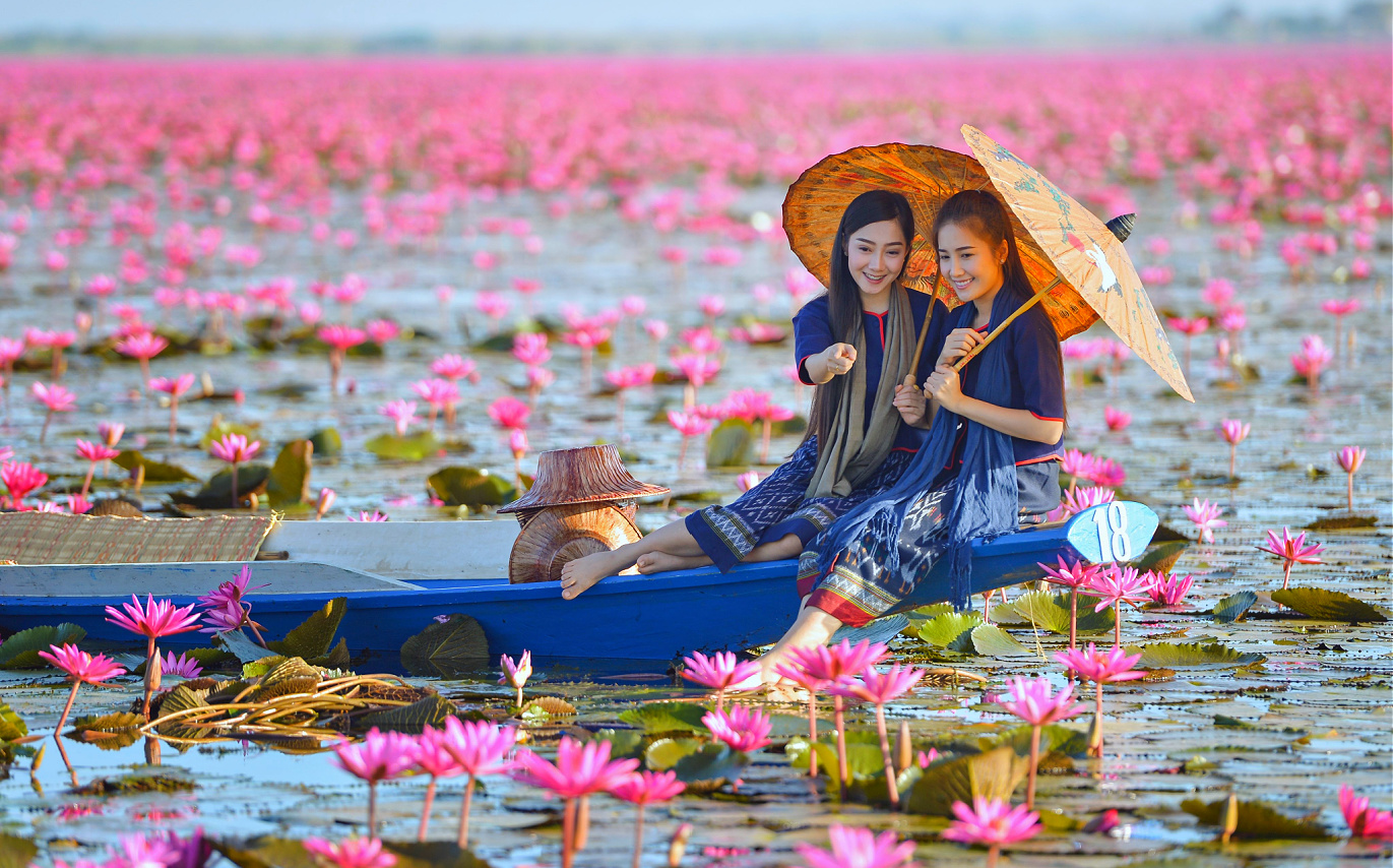 Laos woman in flower lotus lake