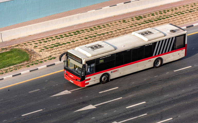 Bus on the road in Dubai