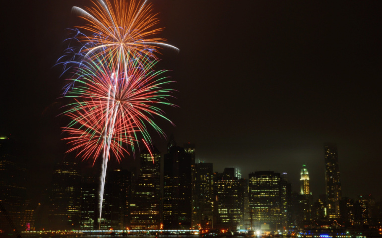 Diwali fireworks on East River with Manhattan skyline behind
