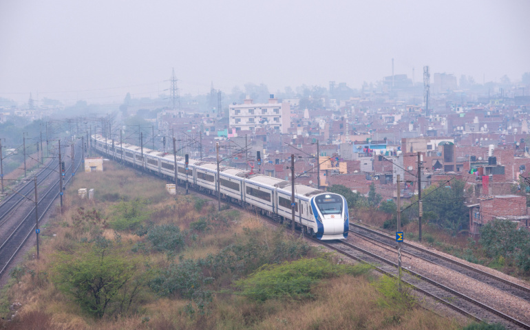 Vande Bharat, the first locomotive less train country running on tracks between Varanasi and Delhi.