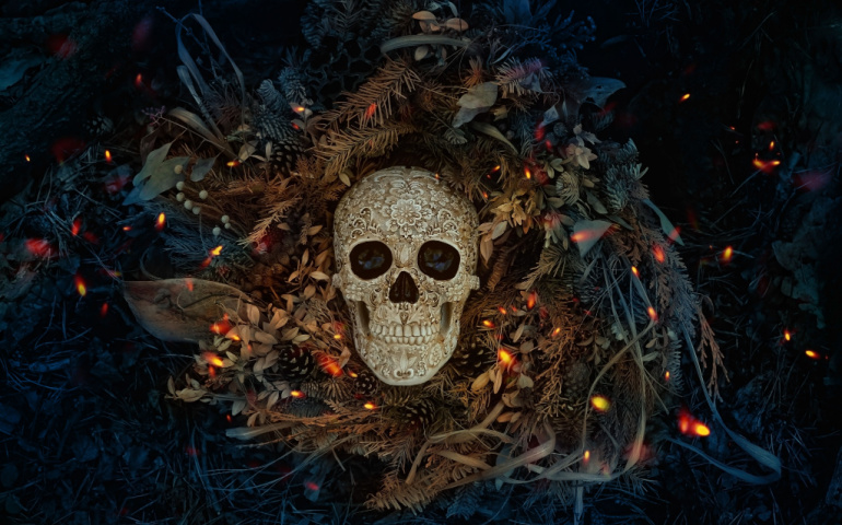 Decorative skull - symbol of Halloween, Samhain Sabbat.