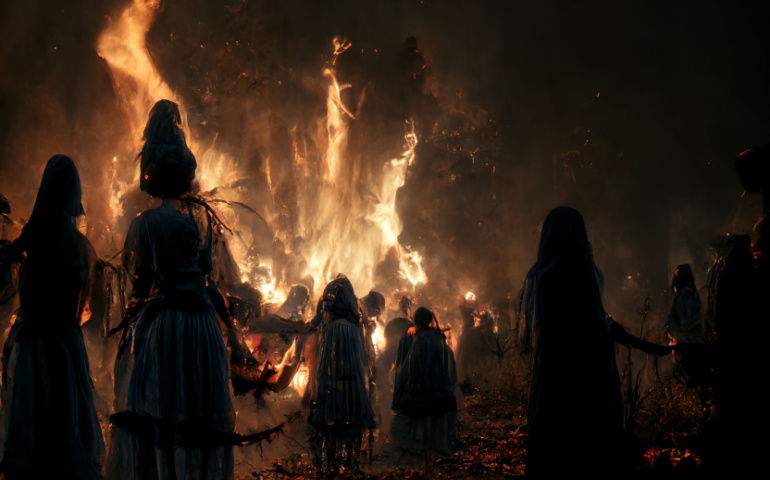 People dressed up in scary costumes attend the Halloween bonfire
