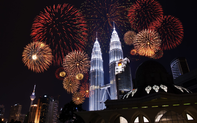 Fireworks near the Petronas Twin Towers, Malaysia