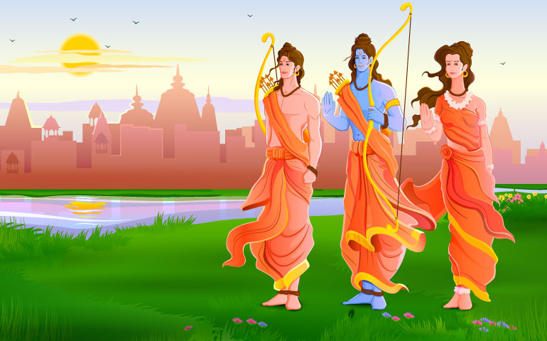 Rama, Laxmana and Sita returning  after he spent 14 years in exile 