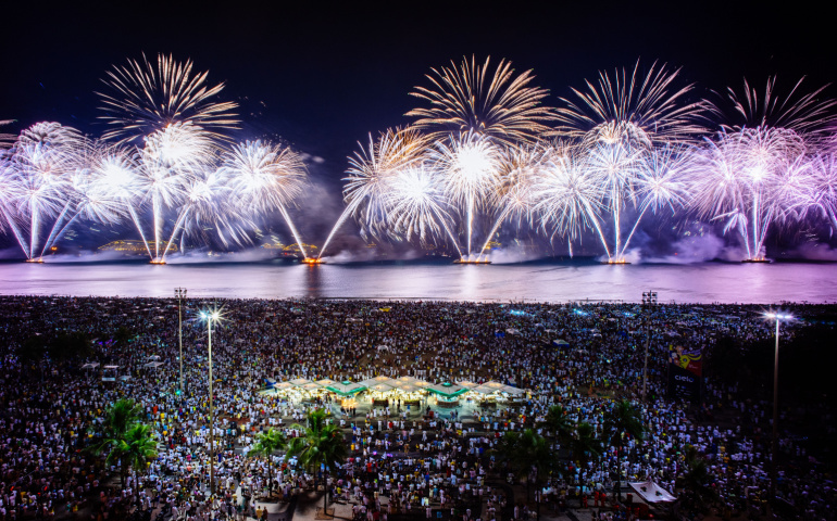New Years Eve fireworks at Copacabana Beach, Brazil