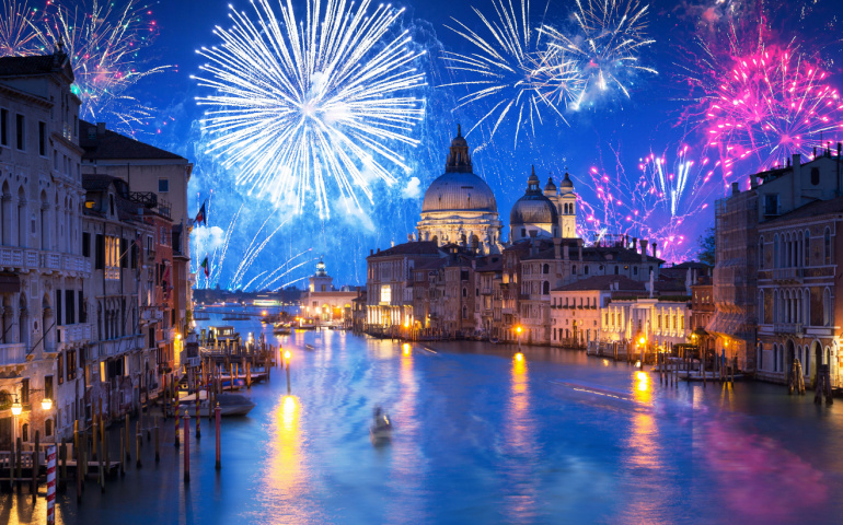New Years firework display the Santa Maria della Salute Basilica in Venice, Italy