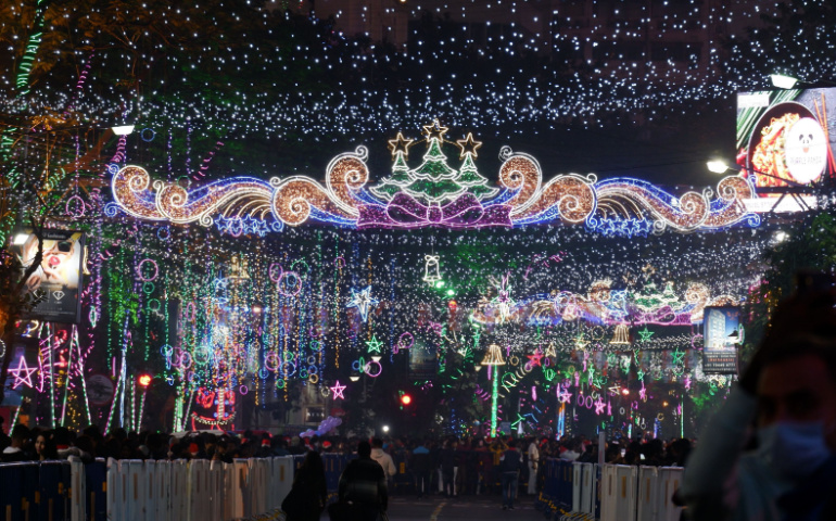 Colorful lighting decoration and crowd on Christmas at Park Street, Allen Park, Kolkata.