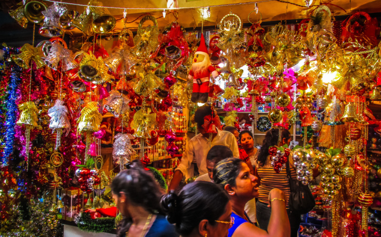 People shopping for Christmas decorations in Margaon, Goa