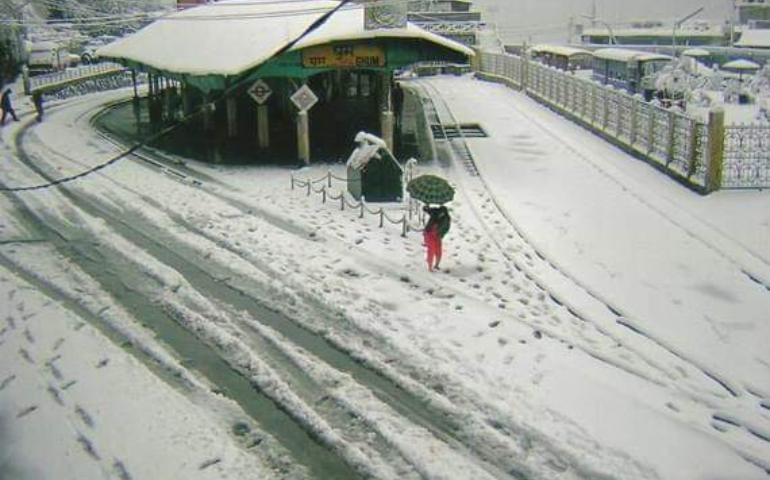 Ghum railway station covered in snow