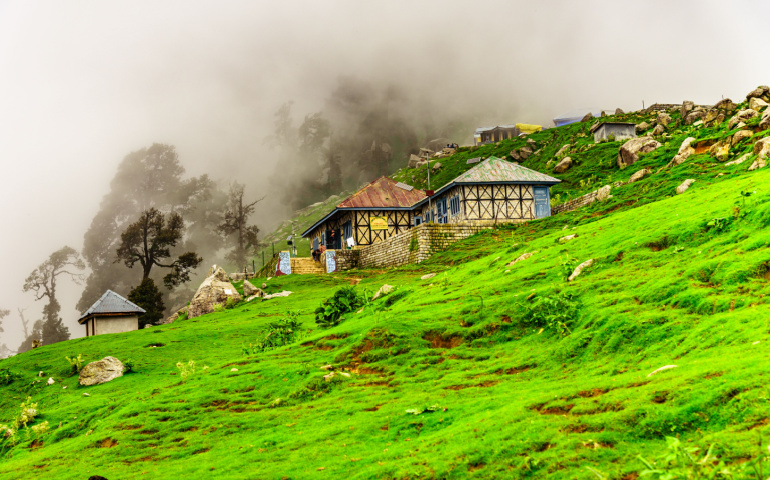 Alpine meadows of Triund hill ridge shrouded in mist in a scenic landscape during monsoon season.