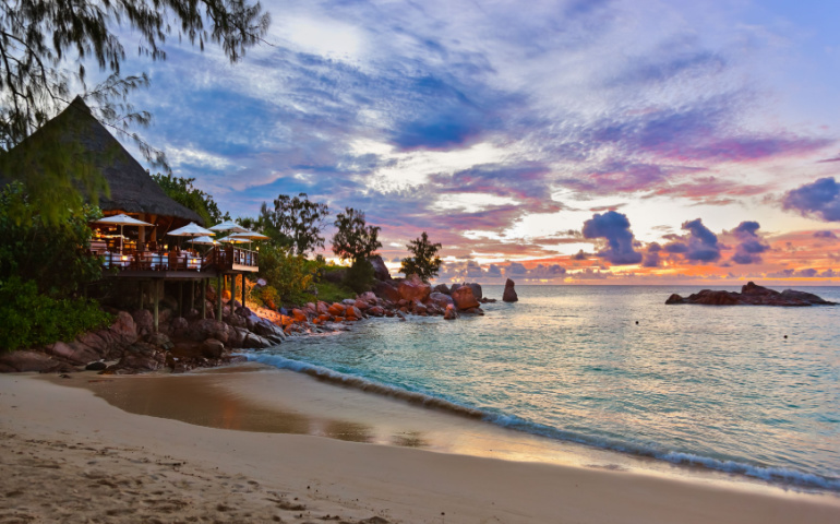 Seychelles tropical beach during sunset