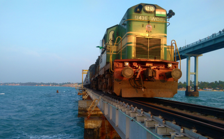 Train travelling across the Pamban Bridge on the Chennai - Rameshwaram route