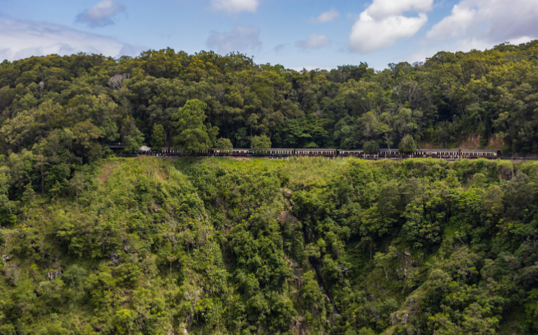 The Kuranda train passing through the rainforest close to a steep valley