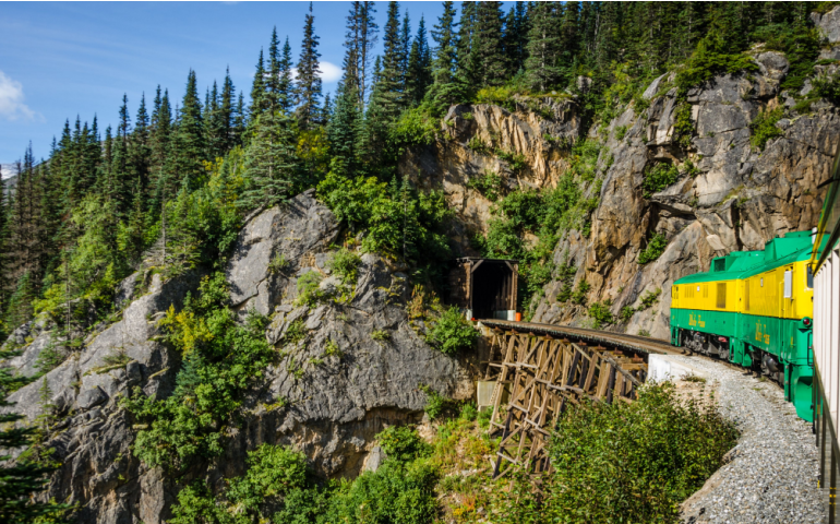 The popular White Pass &Yukon Route Railroad linking the port city with Whitehorse, Yukon, was built in 1898 during the height of the Klondike Gold Rush.