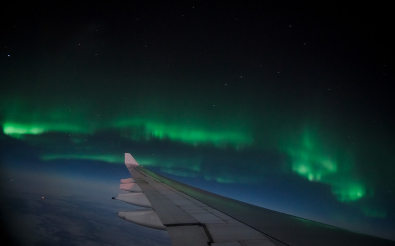 Aerial view of Northern Lights over the Northern hemisphere