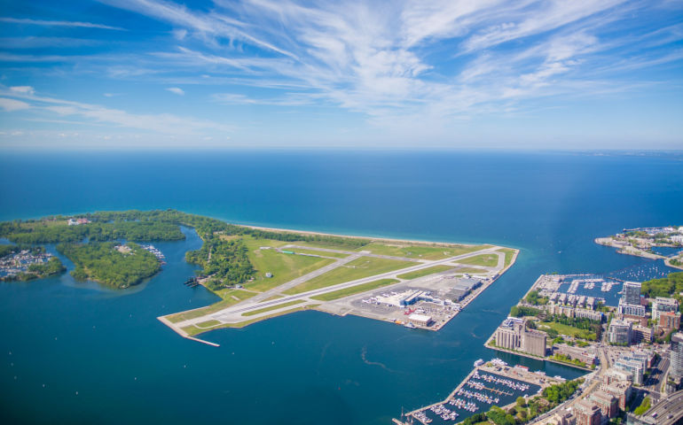 Billy Bishop Toronto City Airport seen from CN Tower. The airport is on Toronto Island in Lake Ontario, Canada