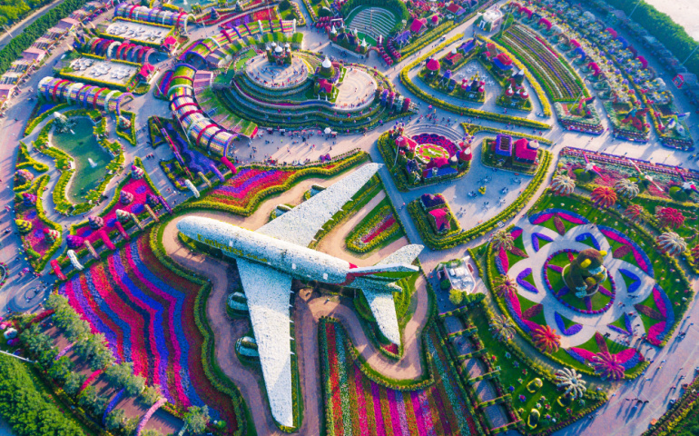 Aerial shot of a life size Emirates Airbus A380 made from flowers in the Miracle Garden, Dubai