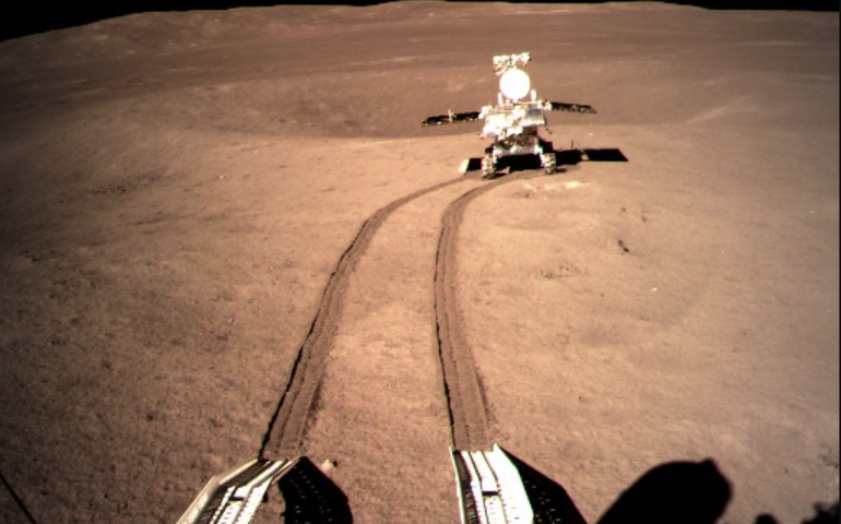Yutu-2 rover moving away from the Chang'e-4 mission's landing zone on the far side of the moon