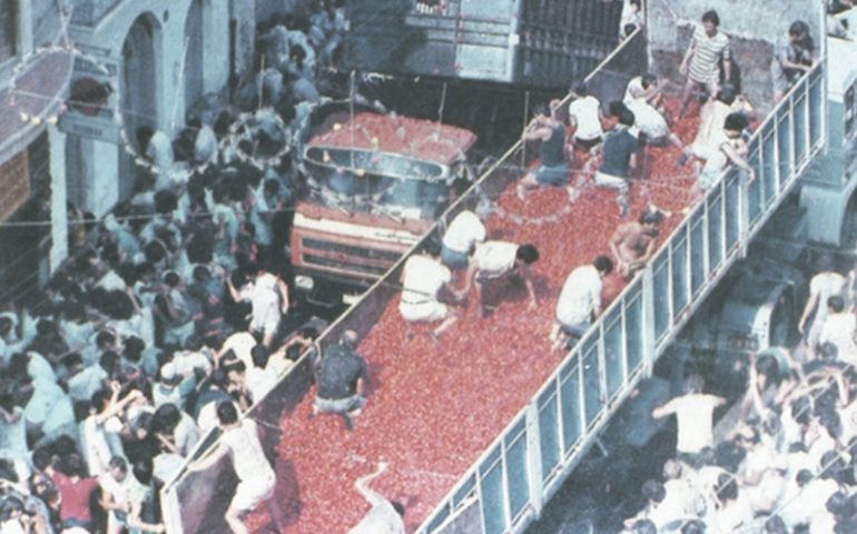Tomato throwing festival started in 1944.