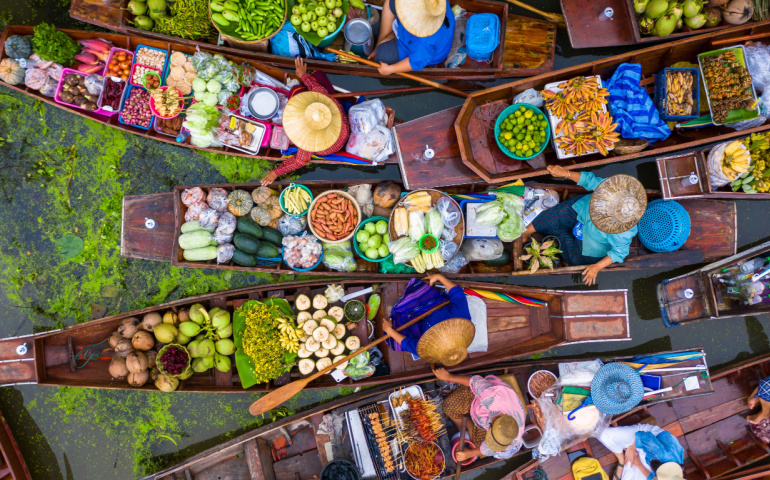 Aerial view famous floating market in Thailand