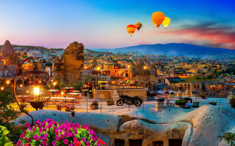 Goreme town on sunset in Cappadocia