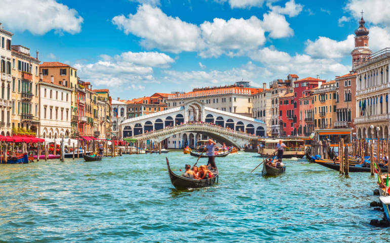 Bridge Rialto on Grand canal famous landmark panoramic view Venice 