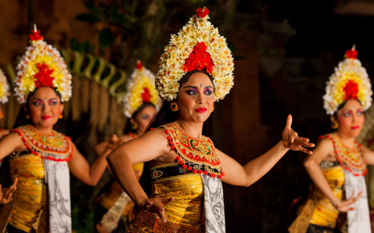 Traditional dance Legong performed by locals in Bali, Indonesia