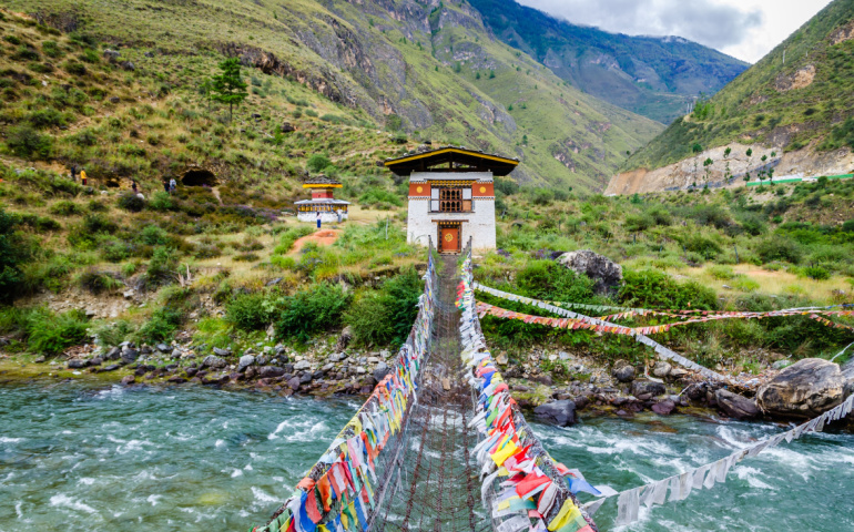 Iron Chain Bridge of Tamchog Lhakhang Monastery, Paro River, Bhutan
